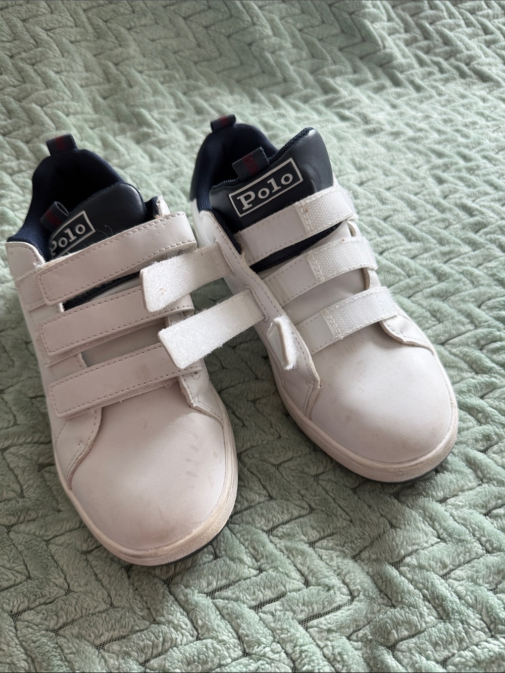 Polo by Ralph Lauren White Kids Velcro Sneakers with Navy Trim